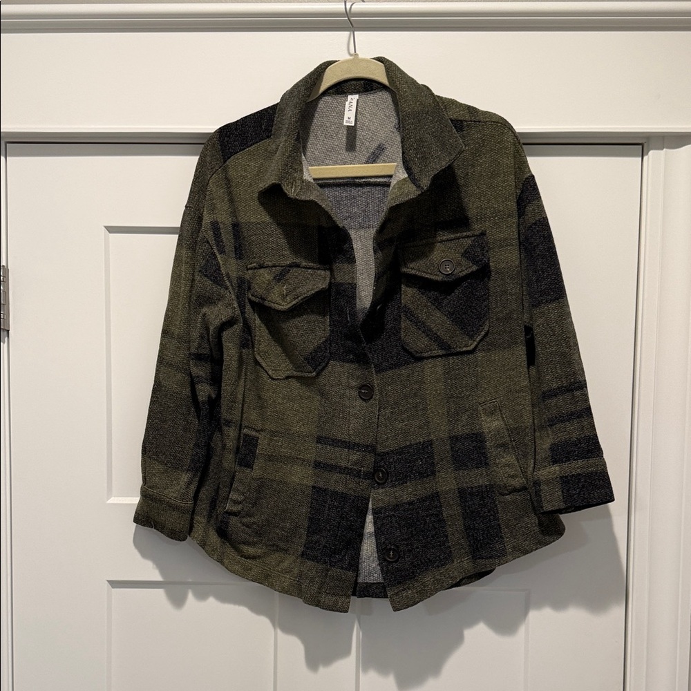 Zenana Olive Plaid Button-Front Shacket